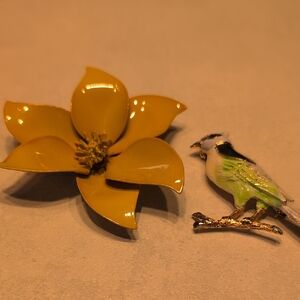 Vintage Yellow Flower Brooch and Bird Pin Set